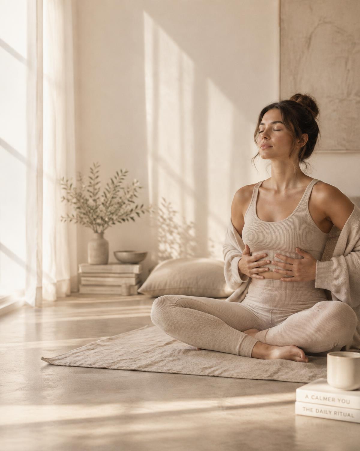 A mother breathing calmly on a linen mat